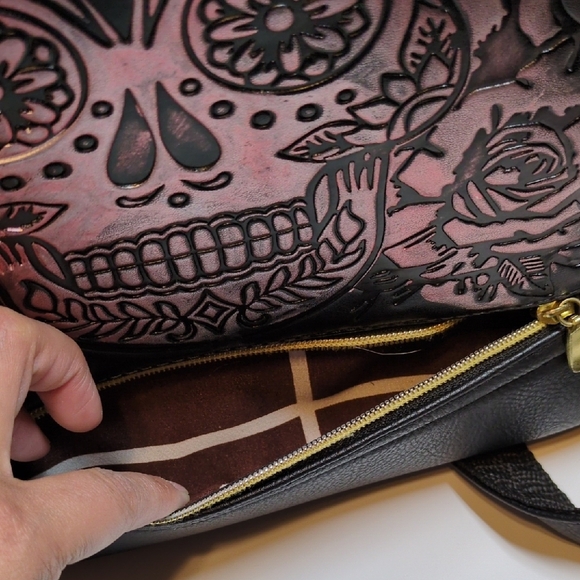 Black Leather Sugar Skull Dia De Los Muertos Mini Backpack - Picture 4 of 9